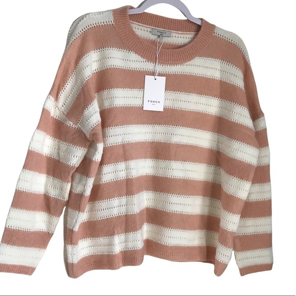 FRNCH Paris  Long Sleeve Pullover Sweater Crew Neck Striped White/Tan SZ S/M - Picture 5 of 6